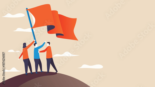 Three people on hilltop waving orange flag teamwork success concept