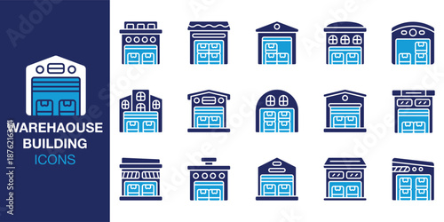 Warehouse Building Icon set. Containing distribution, cargo, freight, shipment, stock, inventory and more. Solid vector icons collection. Vector illustration.