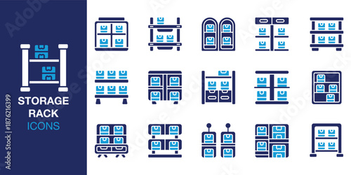Storage Rack Icon set. Containing steel, organizer, organization, equipment, tool, garage and more. Solid vector icons collection. Vector illustration.