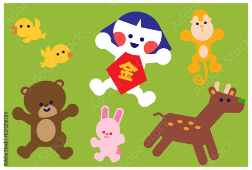 金太郎と森の動物たちが集まったかわいい昔話イラスト