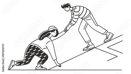 Man helps woman up steep path in black and white illustration