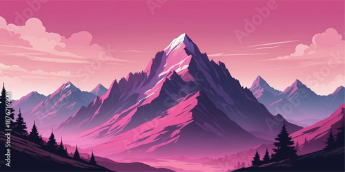Artistic mountain landscape illustration with vibrant tones and contemporary design