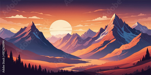 Colorful stylized mountain landscape illustration with layered hills and peaceful atmosphere