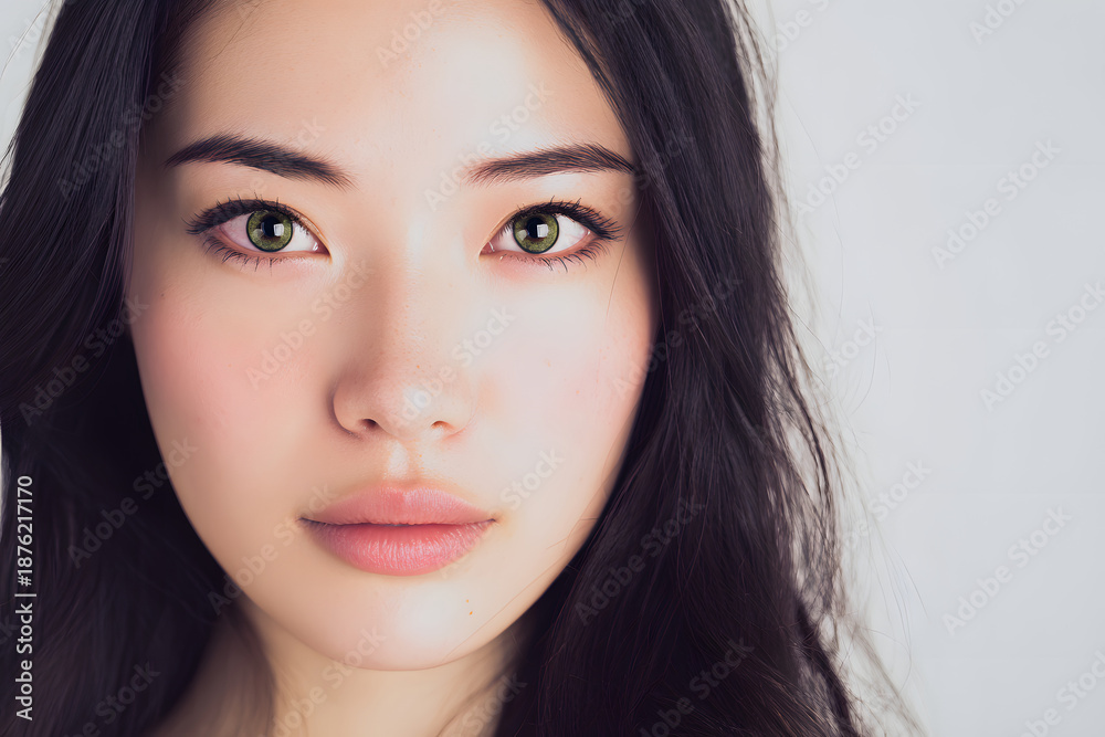 Fototapeta premium Close up portrait of Japanese woman with clear skin and beautiful eyes