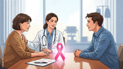 Doctor discussing breast cancer awareness with patients in a clinic