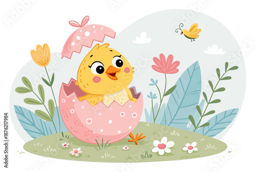 Cute easter chick emerging from cracked egg springtime joy and new beginnings watercolor illustration for festive celebrations innocence and children's holiday designs