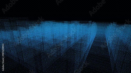 4K seamless loop of a rotating lidar point cloud city. Vertical data scan line dissolves buildings into digital dust with glitch effects.