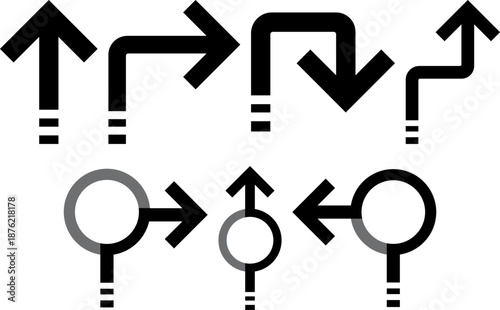 A diverse set of conceptual arrow variant icons, illustrating various directional changes, path movements, and navigation points for modern graphic design applications