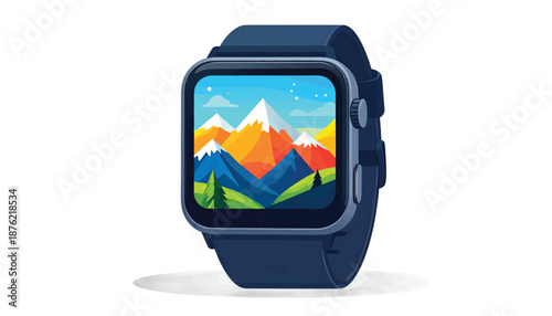 Smartwatch Displaying Mountain Landscape Illustration with Blue Band.