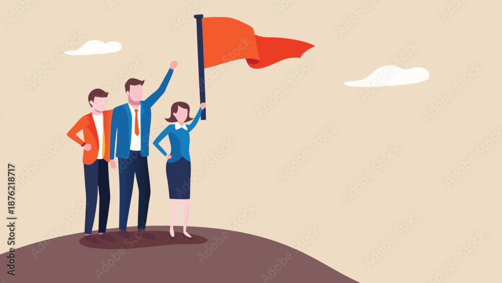 Obraz premium Three business professionals standing together on hill with flag