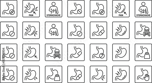 Stomach pain and digestive system line icon set showing stomachache, medication, toxicity, warning, and abdominal interaction symbols