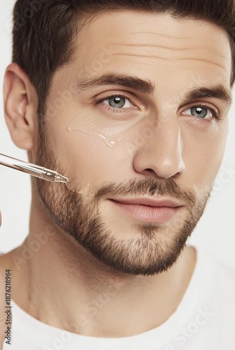 A young Caucasian man with a beard applies serum to his face using a dropper. He has short brown hair and blue eyes, wearing a white t-shirt.