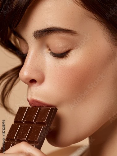A young Caucasian woman with brown hair holds a piece of dark chocolate near her lips. She has a natural makeup look and a soft expression.