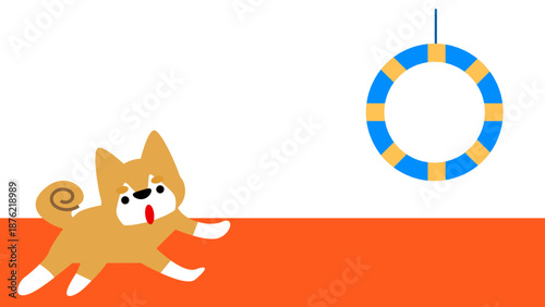 浮き輪に向かって走るかわいい犬のキャラクターイラスト