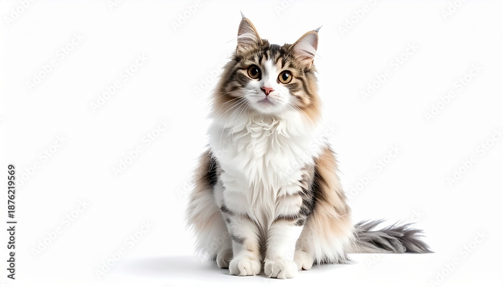Obraz premium Long-haired cat sitting upright against white background with fluffy multicolor fur and alert gaze.