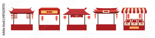 Collection of Traditional Chinese Market Stalls and Festival Booths. Chinese food stall. Chinese new year food festive.