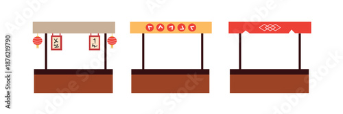 Set of Three Flat Design Asian Festival Market Stalls. Korean food stall. Chinese food stand. Japanese food booth. 