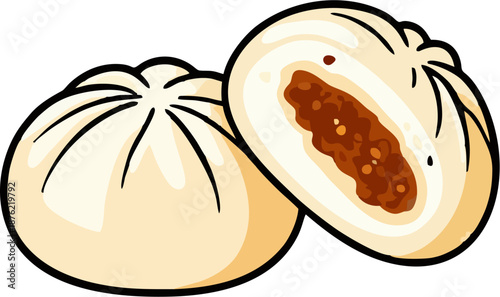 Cartoon Steamed Bao Bun with Red Bean Paste Filling Cut Open – Chinese Dim Sum Vector Illustration, Asian Food Icon