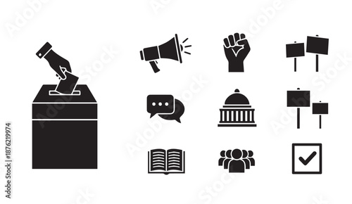 Vector illustration of various voting and activism icons on white background