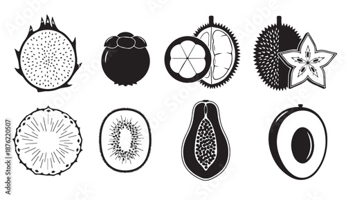 Collection of various tropical fruits in black and white vector illustrations, including durian, jackfruit, and avocado.