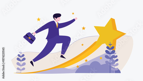 Confident businessman climbing success star in modern illustration