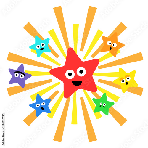 放射状に広がるカラフルな星のかわいいキャラクターイラスト