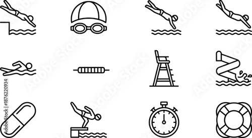 Swimming and pool safety icons collection featuring diving, goggles, lifeguard chair, stopwatch, slide, and accessories for aquatic sports, training, and recreational activities.