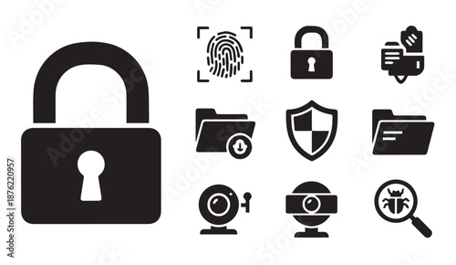 Black and white vector icons depicting various cybersecurity and data protection concepts.