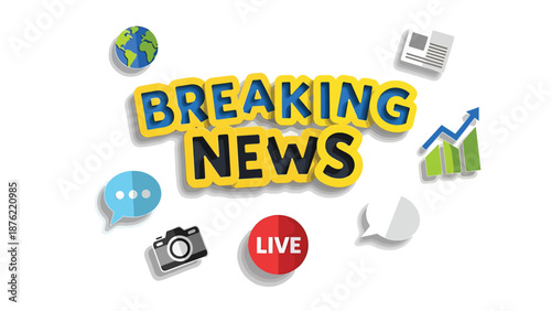 Breaking News Concept with Globe Camera Chat and Graph Icons