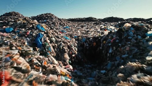 Drone footage of a massive landfill, showcasing the vast scale of waste accumulation and environmental impact.