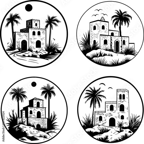 Set of tropical desert oasis emblems in vintage woodcut style. Traditional adobe houses with palm trees in circular frames. Black and white vector landscape icons.