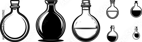 Set of vintage magic potion bottles and glass flasks. Black and white vector illustrations of alchemy containers and apothecary jars isolated on white background.