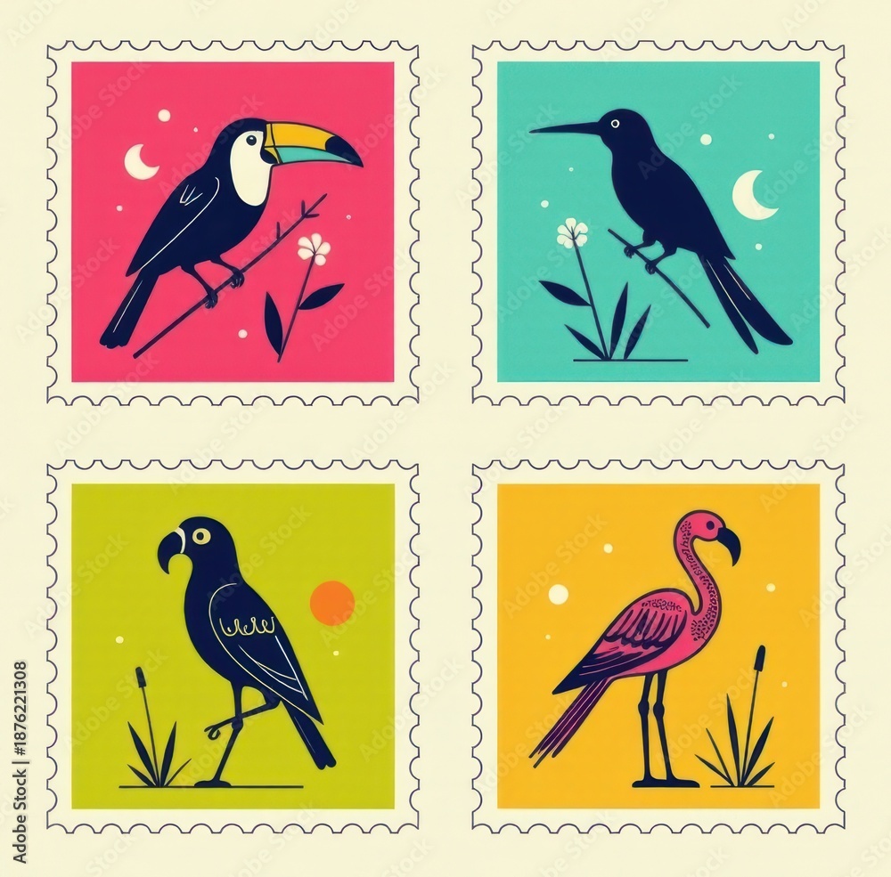 Fototapeta premium Tropical Birds Vintage Stamp Set: Parrots, Flamingos Illustration 
