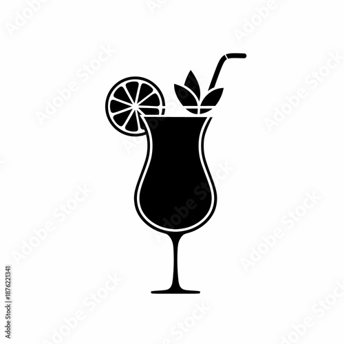 Cocktail Glass Icon Silhouette with Lemon Slice Mint and Straw Drink Illustration