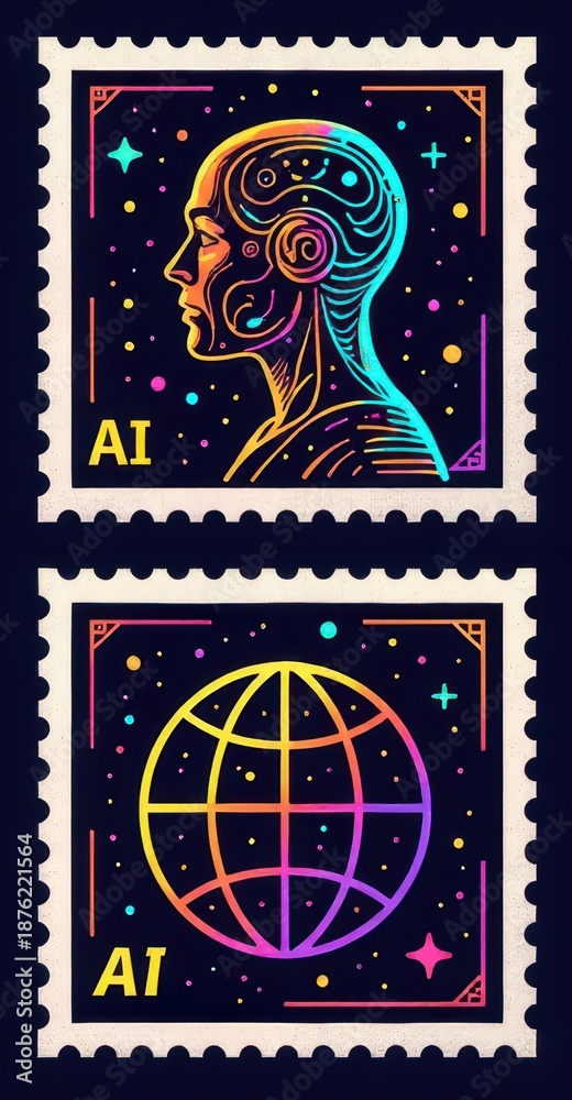 Obraz premium Digital Minds AI Robots Technology Stamps Set