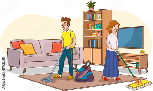 Vector illustration of a married couple cleaning the house together, showing teamwork and shared household responsibilities