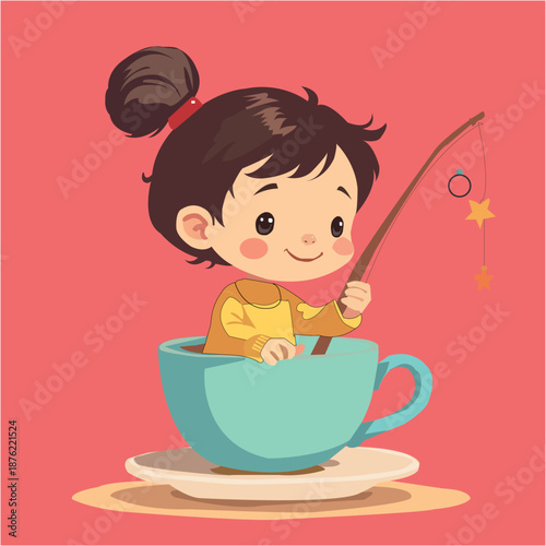 A whimsical vector illustration of a little girl fishing for stars from a teacup. Dreamy fantasy cartoon style with soft colors and playful details. Ideal for children’s books