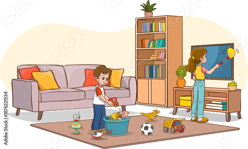 Children helping with house cleaning.