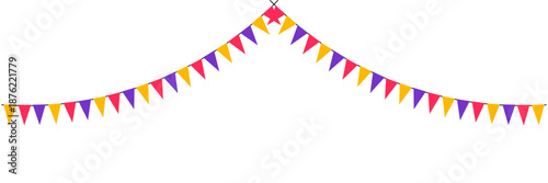Colorful Party Bunting Flags Garland on Transparent Background, Triangular Pennant Banner for Party Decoration, Festive Paper Garland with Multicolor Flags.