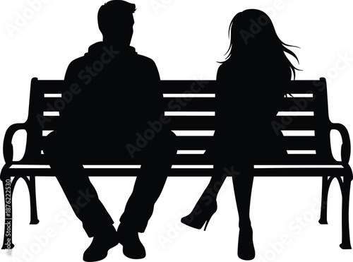 Couple silhouette sitting on park bench together, man and woman quiet moment, relationship emotions, companionship concept, minimal black vector illustration