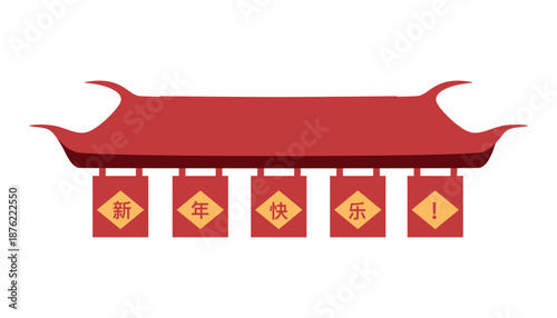 Traditional Chinese New Year Decoration with Happy New Year Lanterns. Traditional Chinese Roof. Chinese Temple Roof