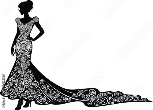 Elegant black silhouette woman wearing ornate floral patterned long evening gown, with flowing train fashion illustration, luxury bridal art design