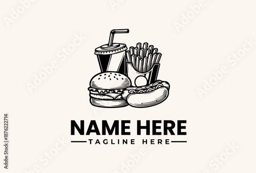 Black and white illustration of a fast food logo featuring a hamburger, hot dog, fries, and soda on a clean background.