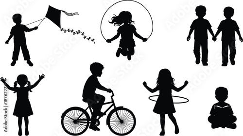 Happy children silhouette set illustration, kids playing outdoor activities, childhood fun moments, playful lifestyle concept, black vector design