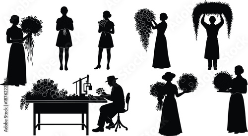 Florist work silhouette collection, women and man arranging flower bouquets, floral design process, creative workshop, professional handmade vector illustration