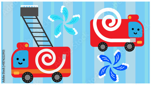 はしご車と放水する消防車のかわいい防災イラスト