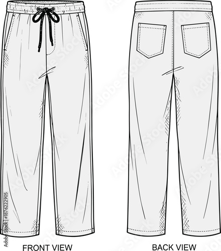 Technical fashion sketch, pants front view, pants back view, garment construction, drawstring waist, patch pockets, seam details, apparel design
