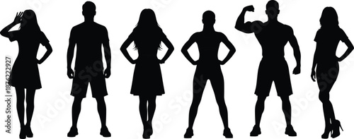 People silhouette set showing men and women body shapes, fitness strength confidence poses, human diversity concept, black vector illustration