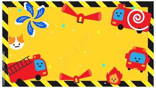 防災モチーフが囲む工事現場風のかわいいフレームイラスト