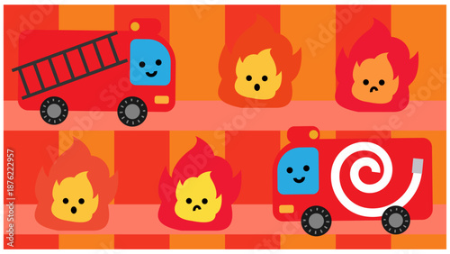 火事の現場に出動する消防車と炎のかわいい防災イラスト